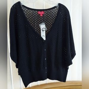 ELLE Black XL Crop Sweater Bat Wing Lightweight Button Front V-Neck